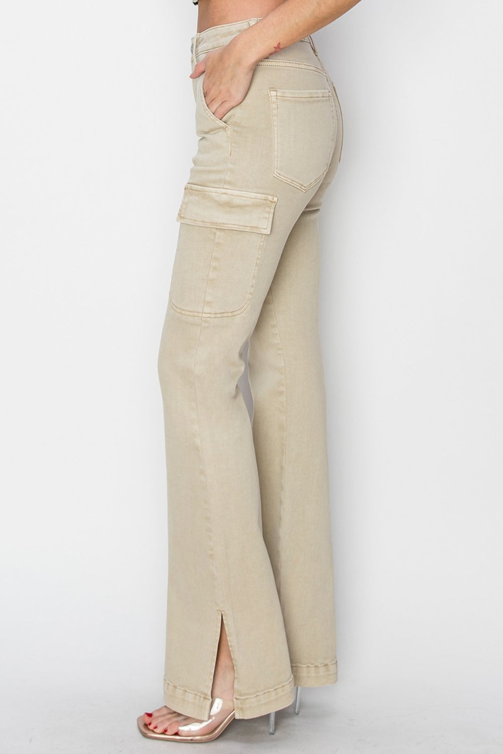 RISEN Full Size High Rise Side Slit Cargo Bootcut Jeans *