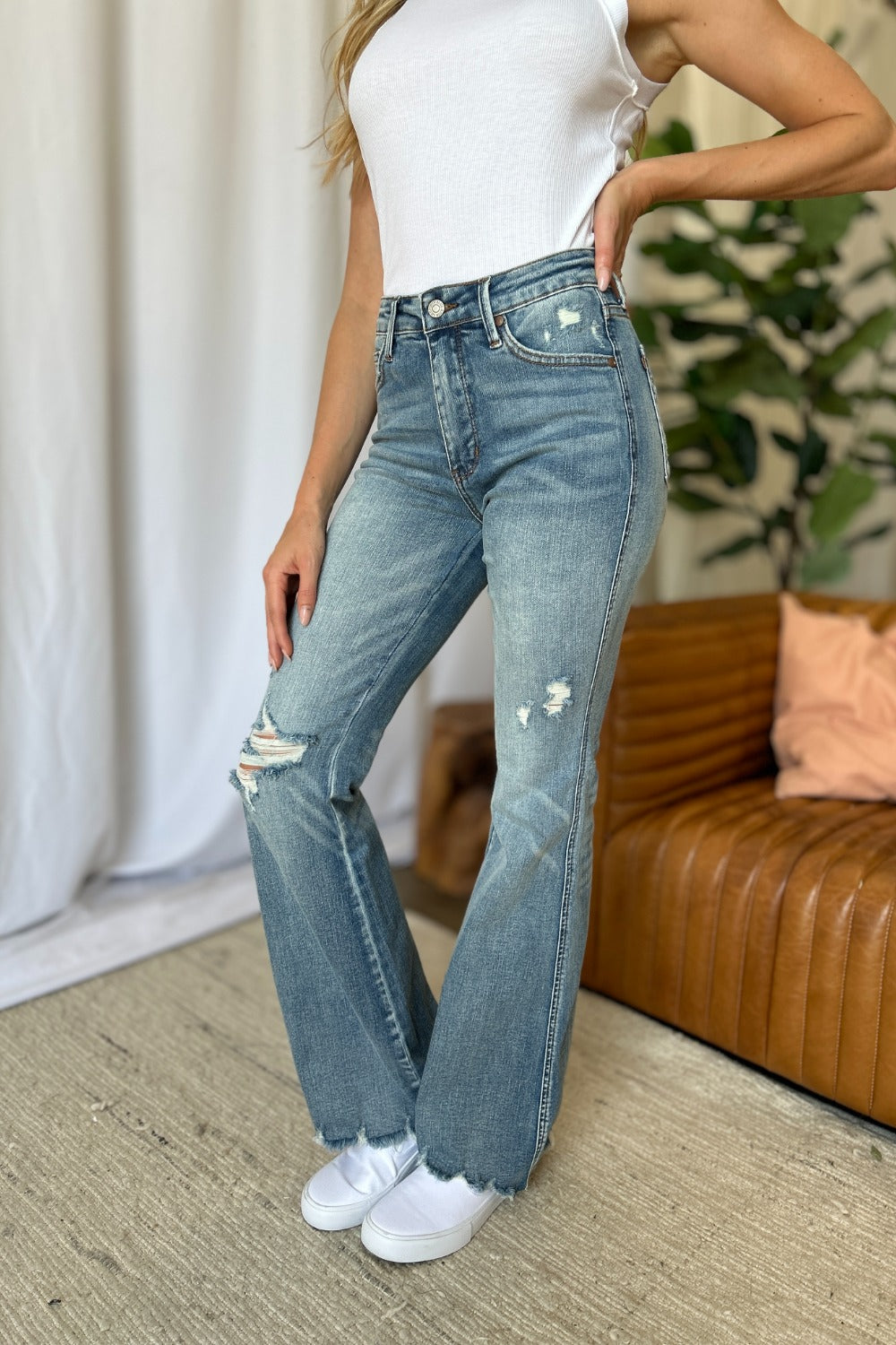 Judy Blue Full Size Medium Rise Tummy Control Destroy Flare Jeans *