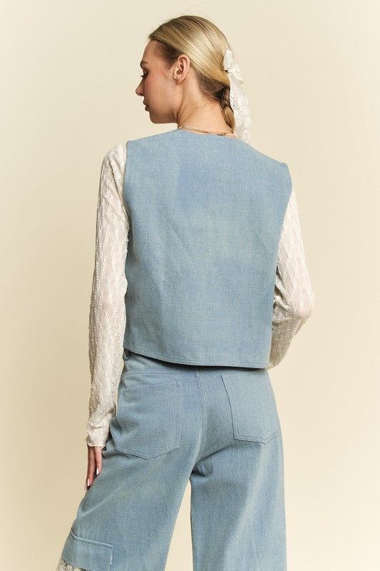 Davi & Dani Lace Patch Open Front Denim Vest *