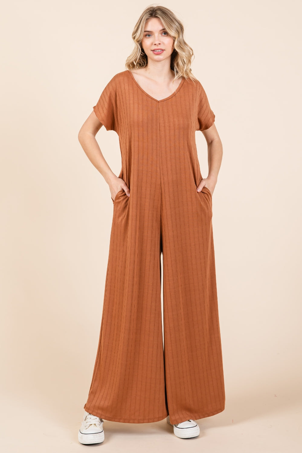 BOMBOM Ribbed Short Sleeve Wide Leg Jumpsuit *
