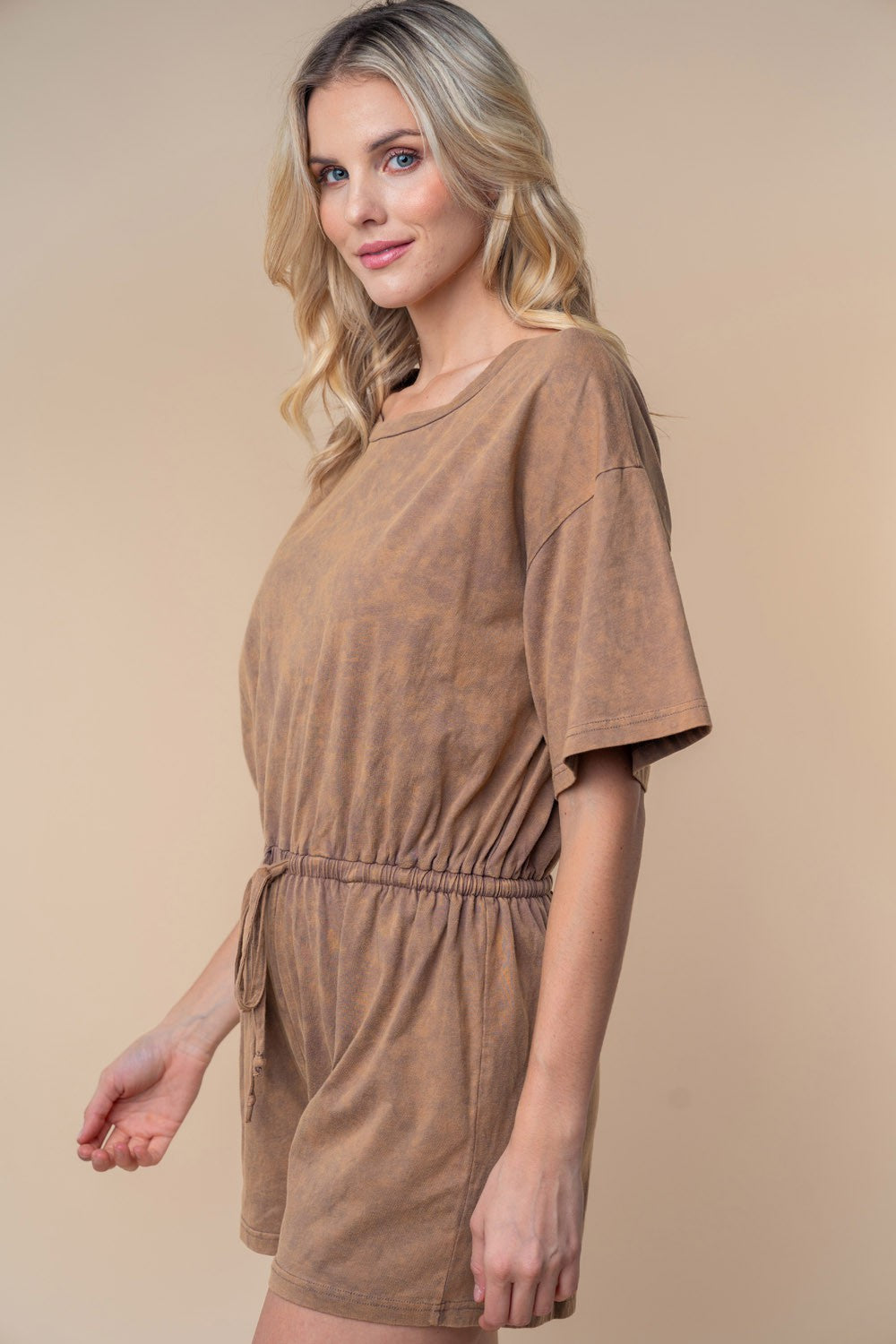 White Birch Full Size Short Sleeve Drawstring Romper *