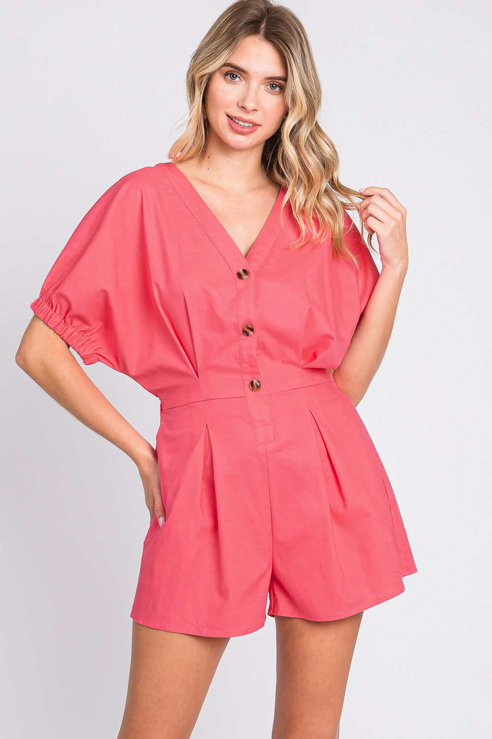 GeeGee Half Button V-Neck Linen Romper *