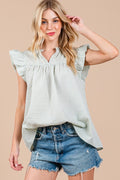 Ces Femme Plaid Notched Ruffled Cap Sleeve Blouse *