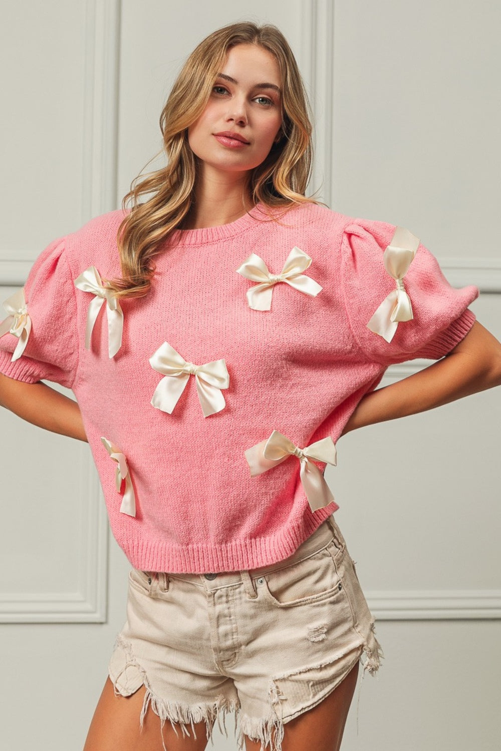 BiBi Ribbon Bow Detail Puff Sleeve Sweater - Brand BiBi