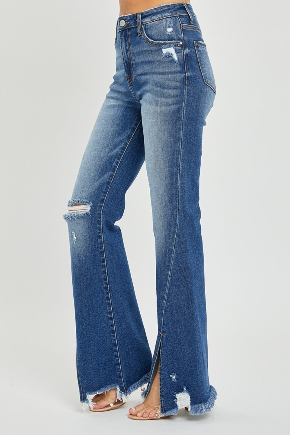 RISEN Full Size High Rise Front Slit Frayed Hem Flare Jeans *
