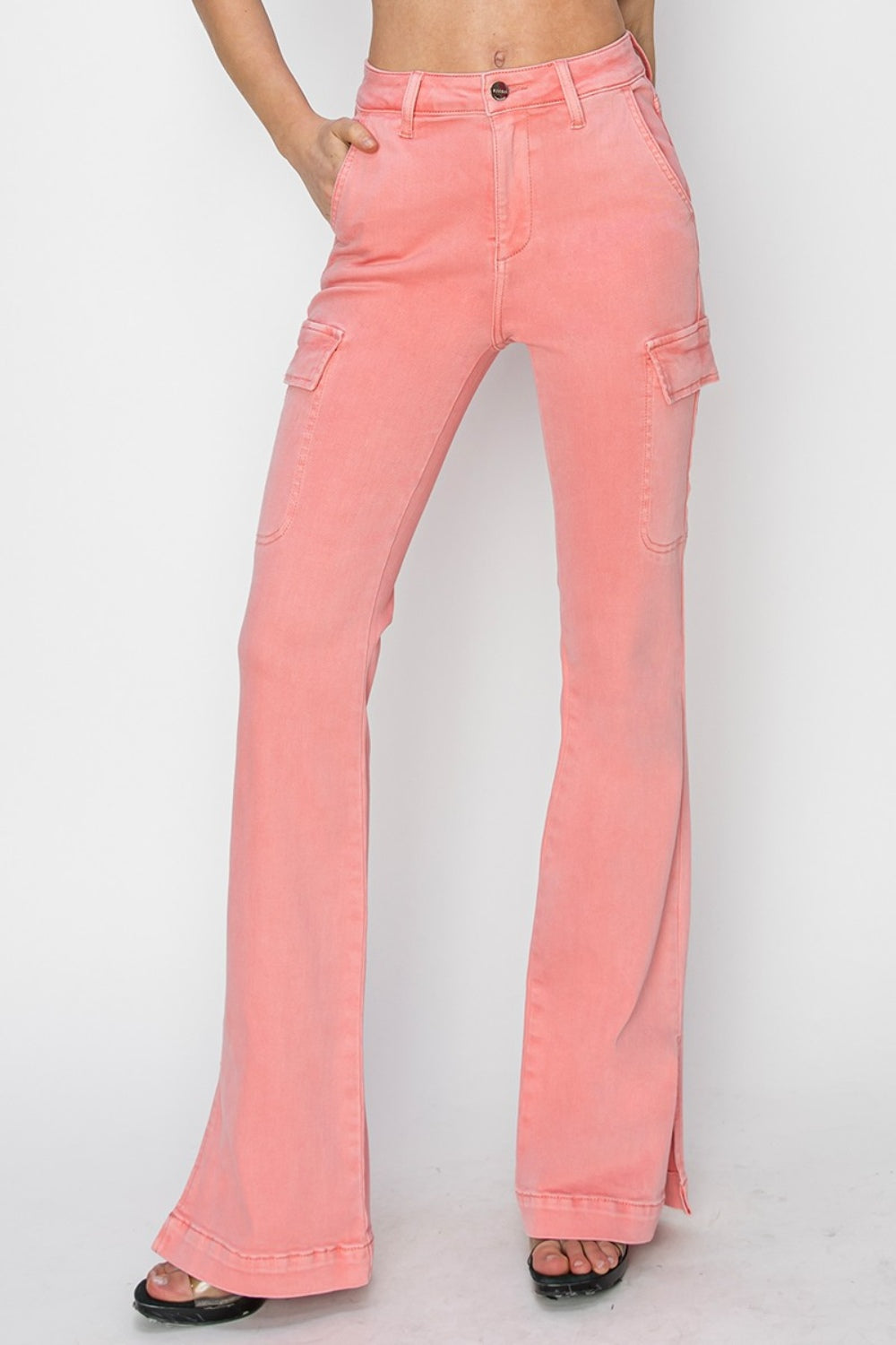RISEN Full Size High Rise Side Slit Cargo Bootcut Jeans *