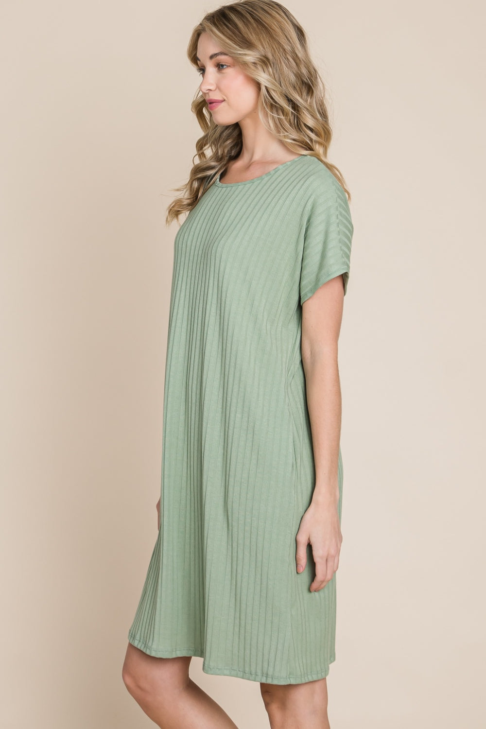 BOMBOM Ribbed Round Neck Short Sleeve Dress *