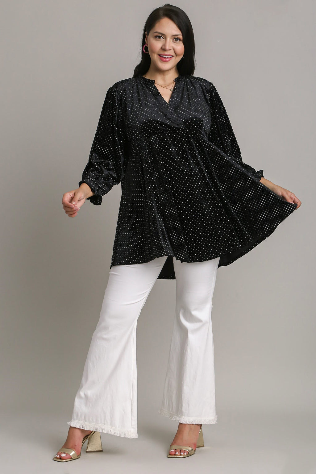 Umgee Full Size Beaded Frill Flounce Sleeve Velvet Babydoll Blouse *