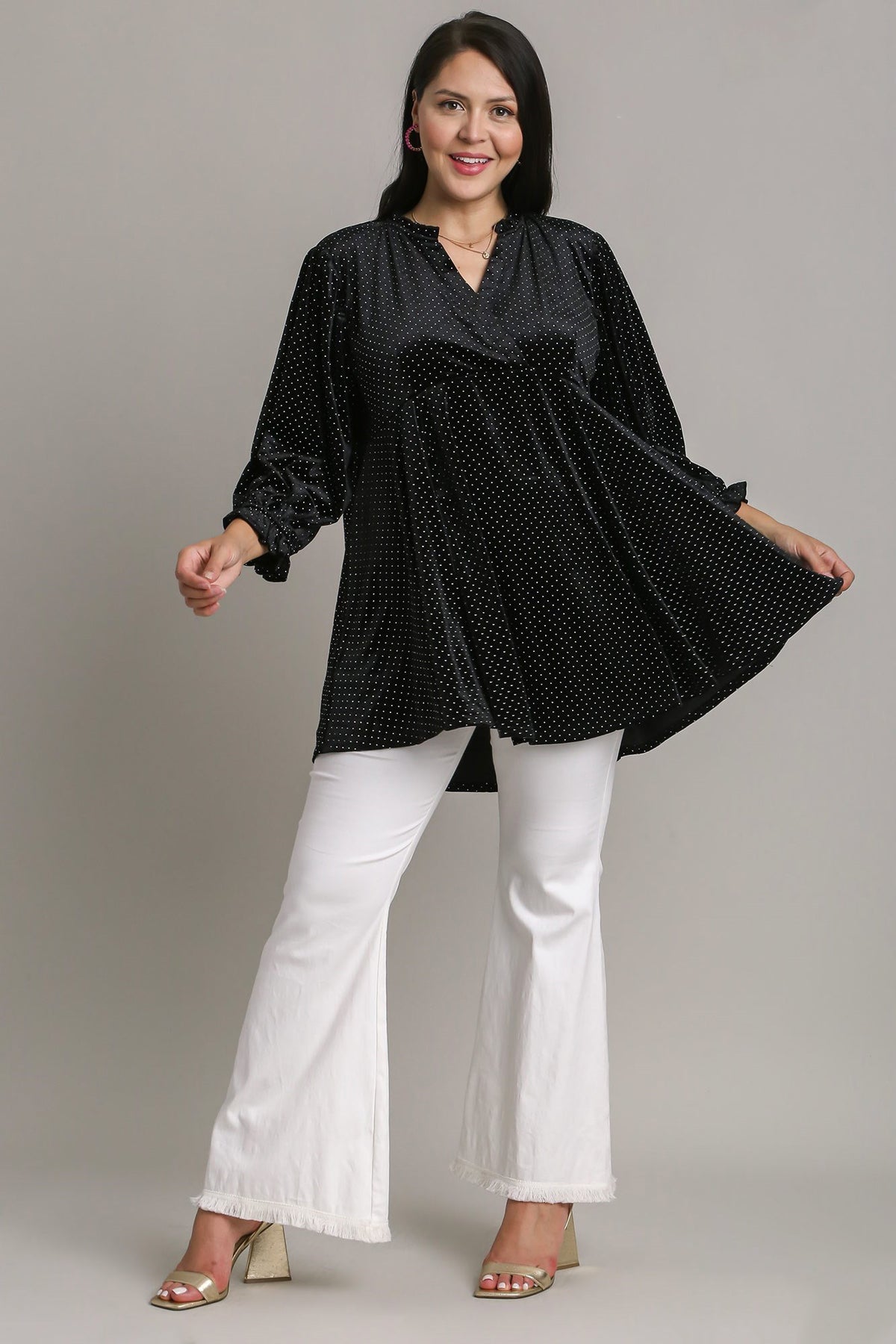 Umgee Full Size Beaded Frill Flounce Sleeve Velvet Babydoll Blouse *