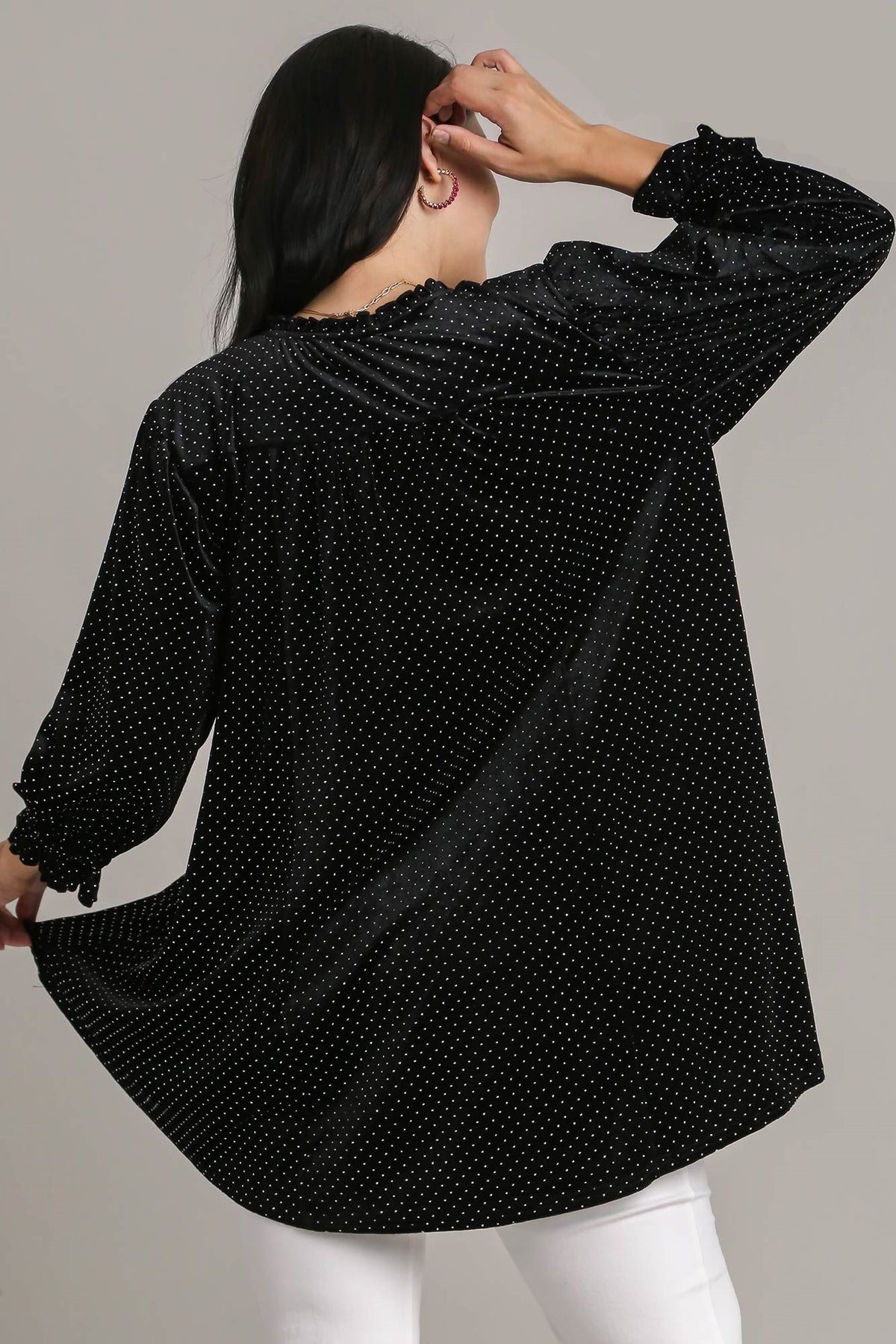 Umgee Full Size Beaded Frill Flounce Sleeve Velvet Babydoll Blouse *