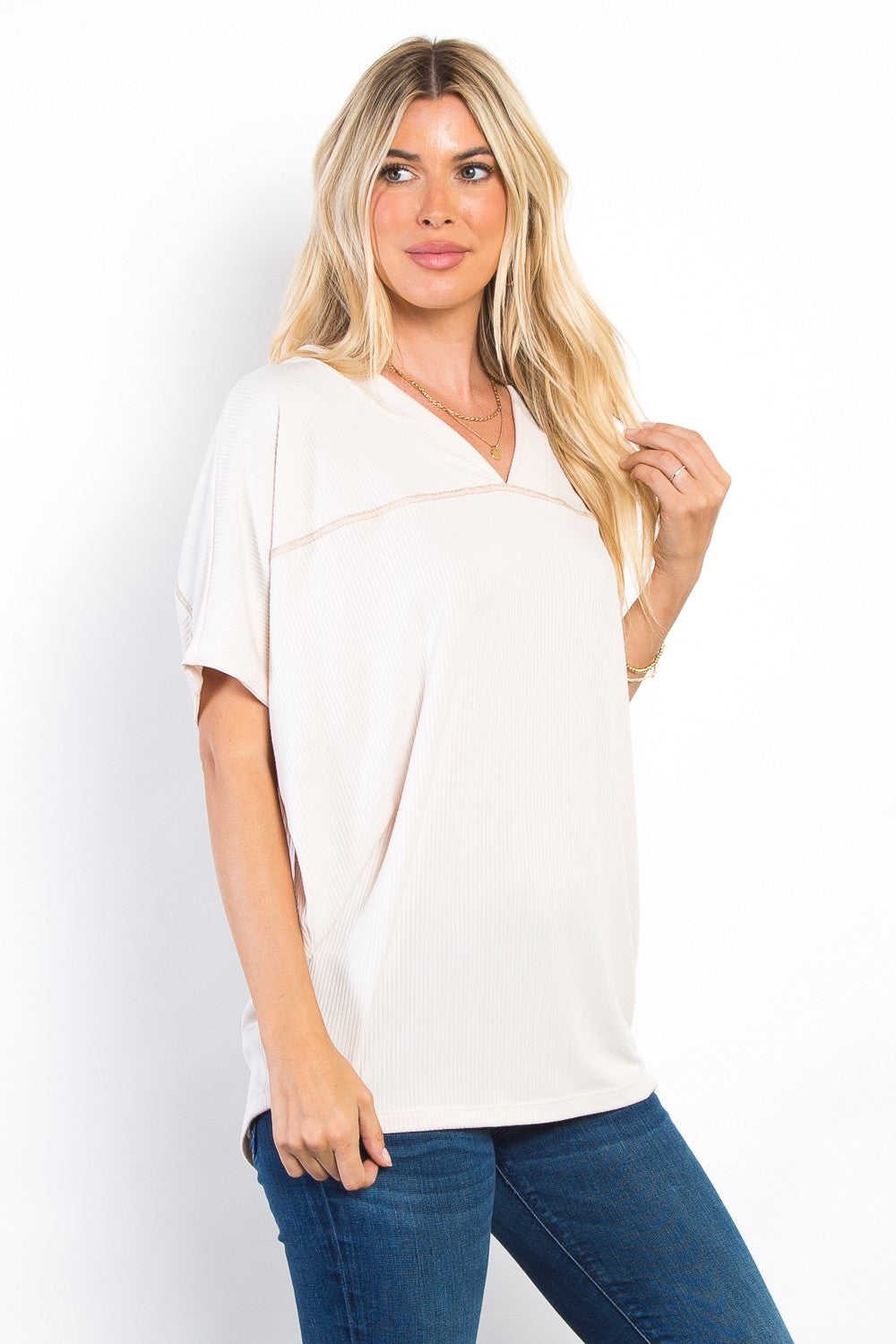 Be Stage Full Size V-Neck Short Sleeve Ribbed Top *