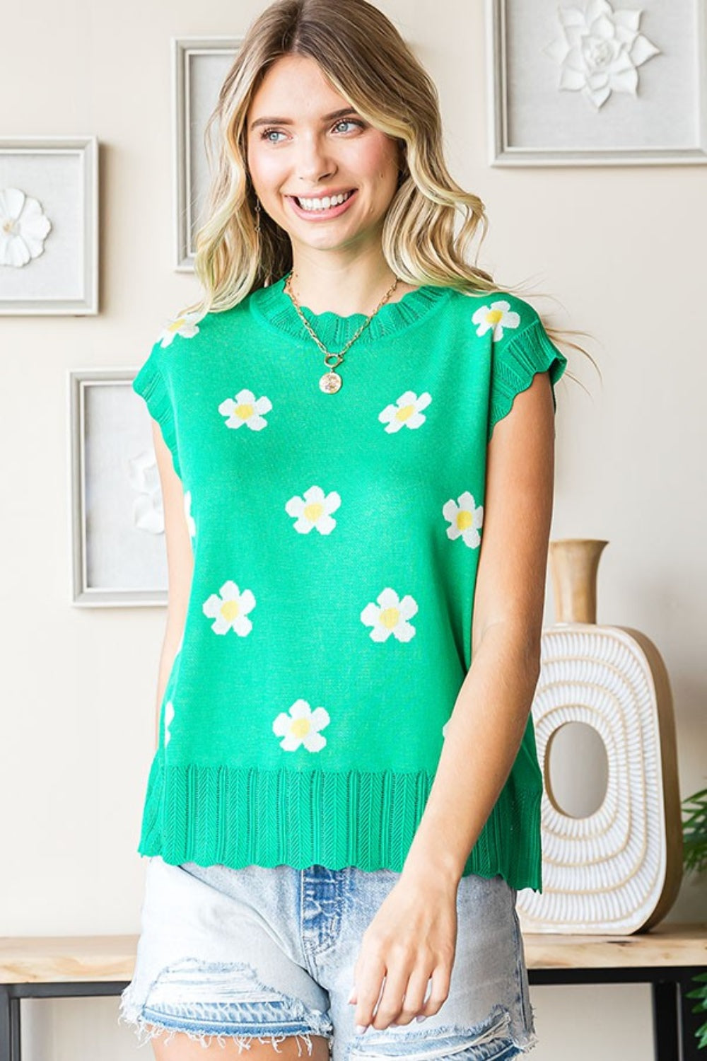 First Love Full Size Flower Pattern Round Neck Sweater Vest *