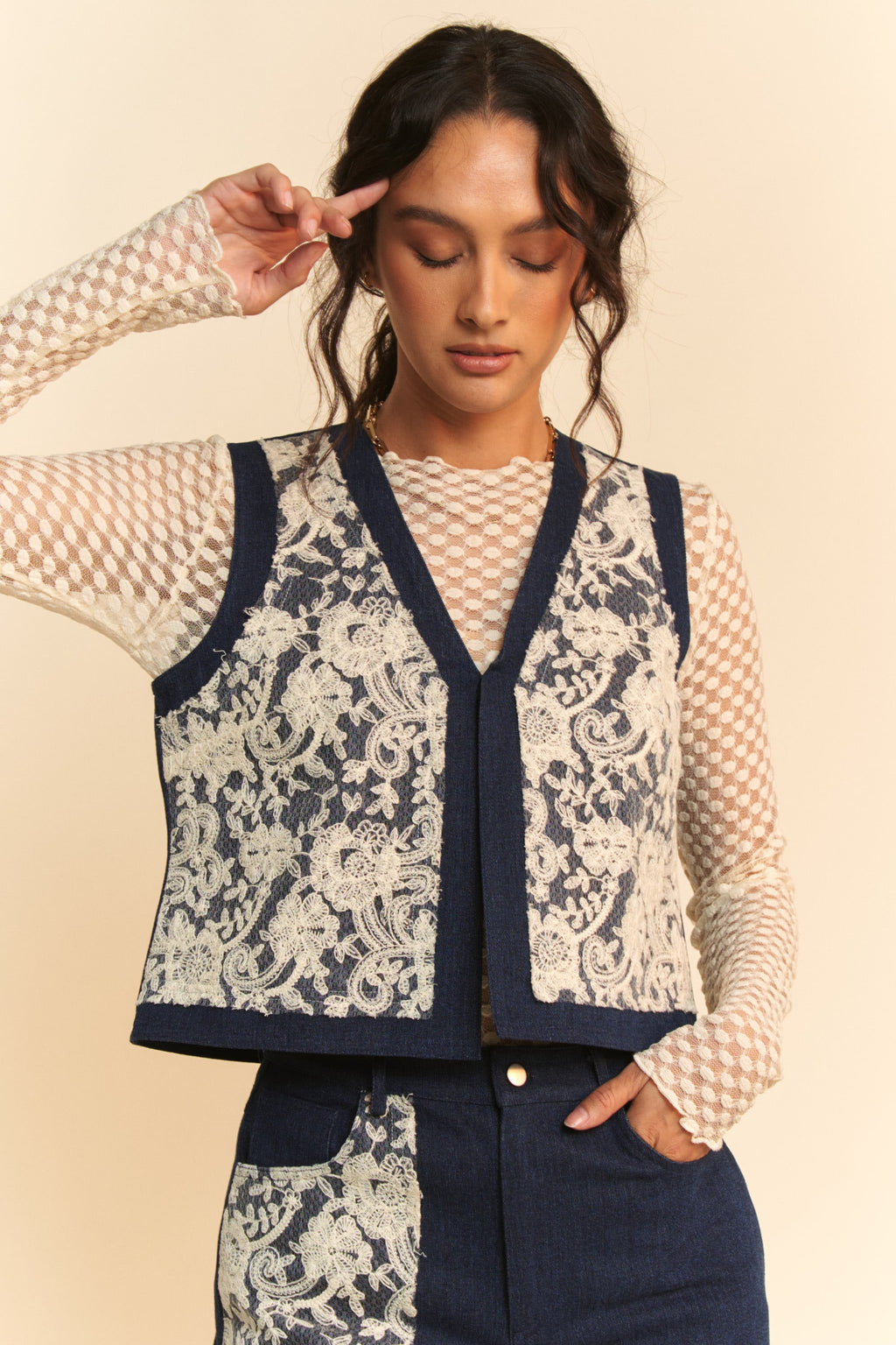 Davi & Dani Lace Patch Open Front Denim Vest *