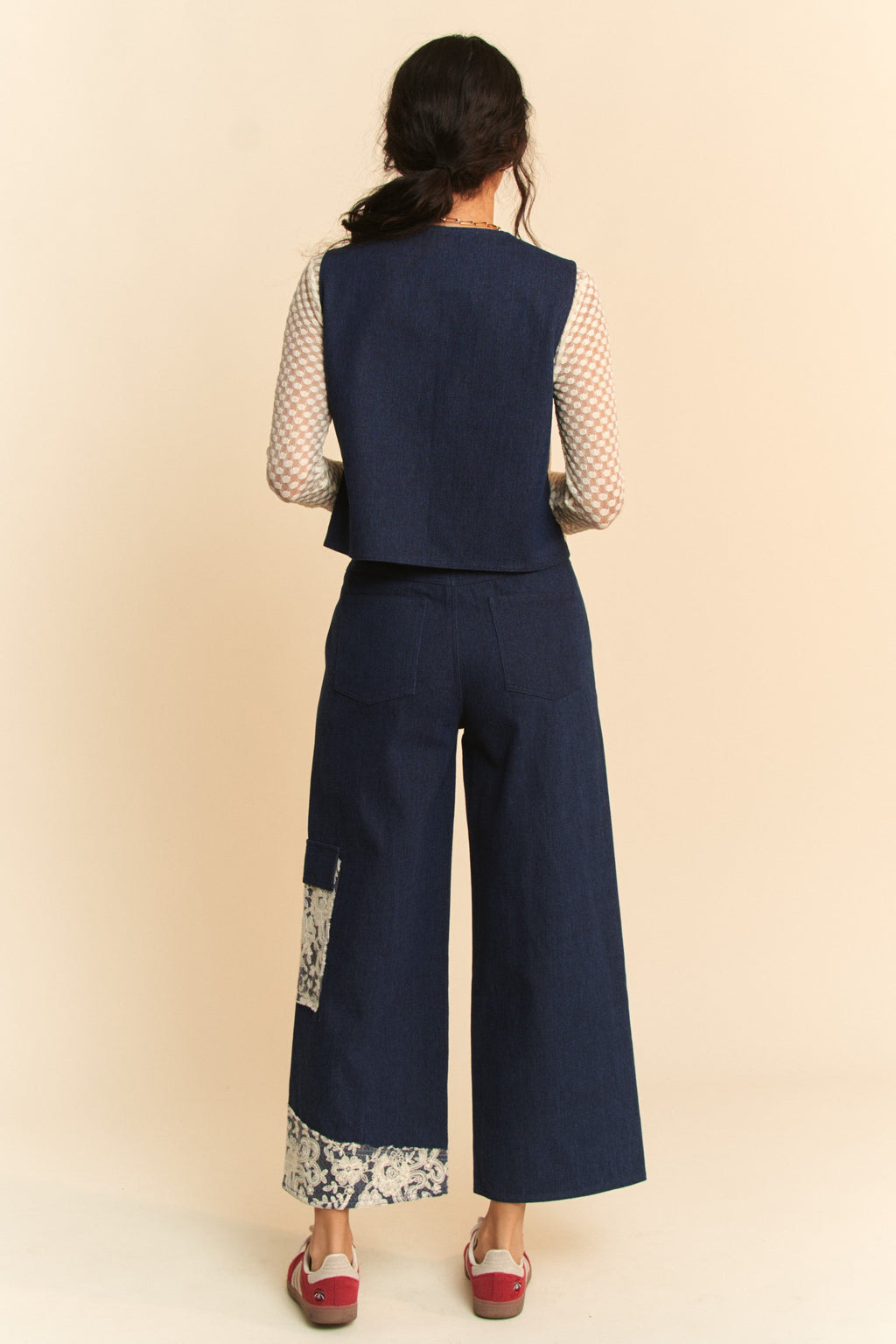 Davi & Dani Lace Patch Open Front Denim Vest *
