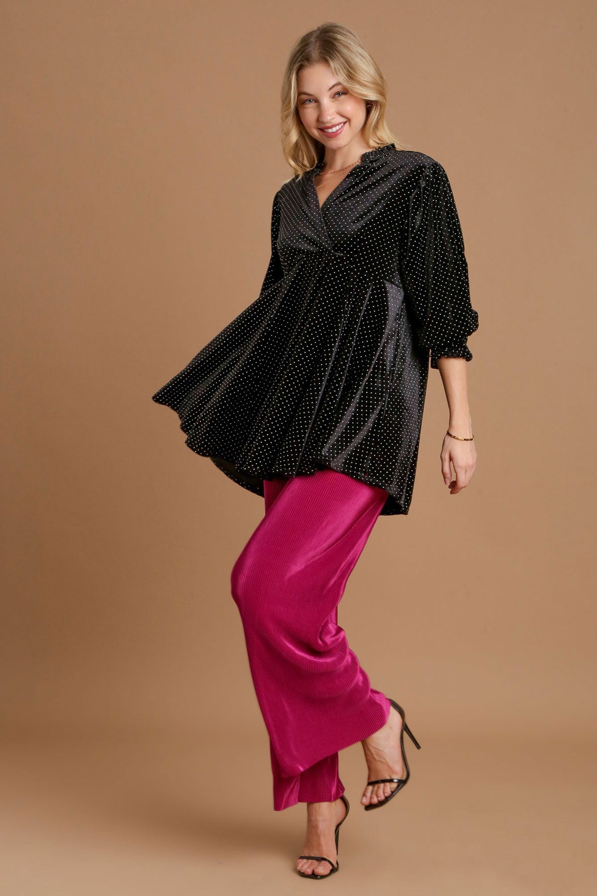 Umgee Full Size Beaded Frill Flounce Sleeve Velvet Babydoll Blouse *