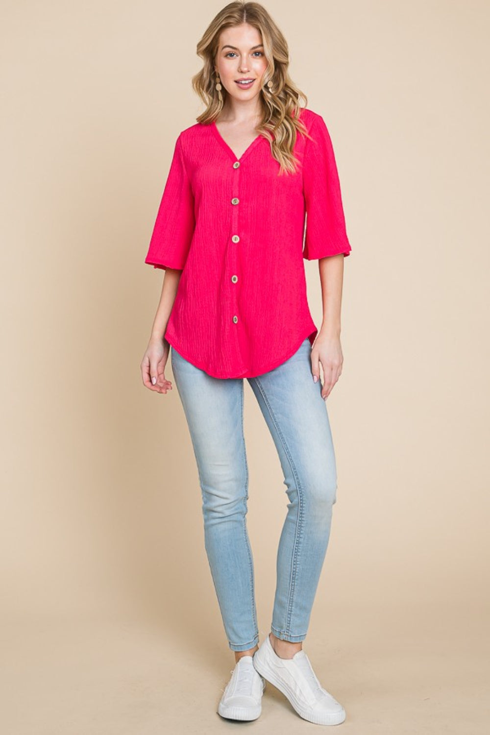 BOMBOM Texture Decorative Button V-Neck Top *