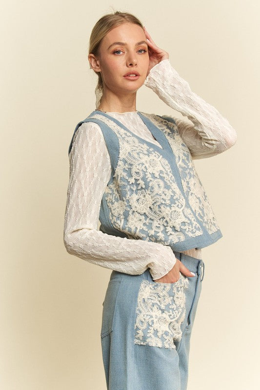 Davi & Dani Lace Patch Open Front Denim Vest *