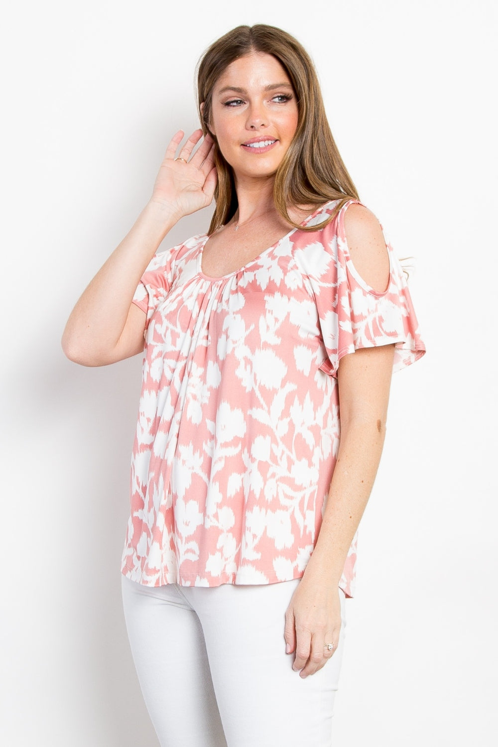 Be Stage Full Size Floral Cold Shoulder Top *