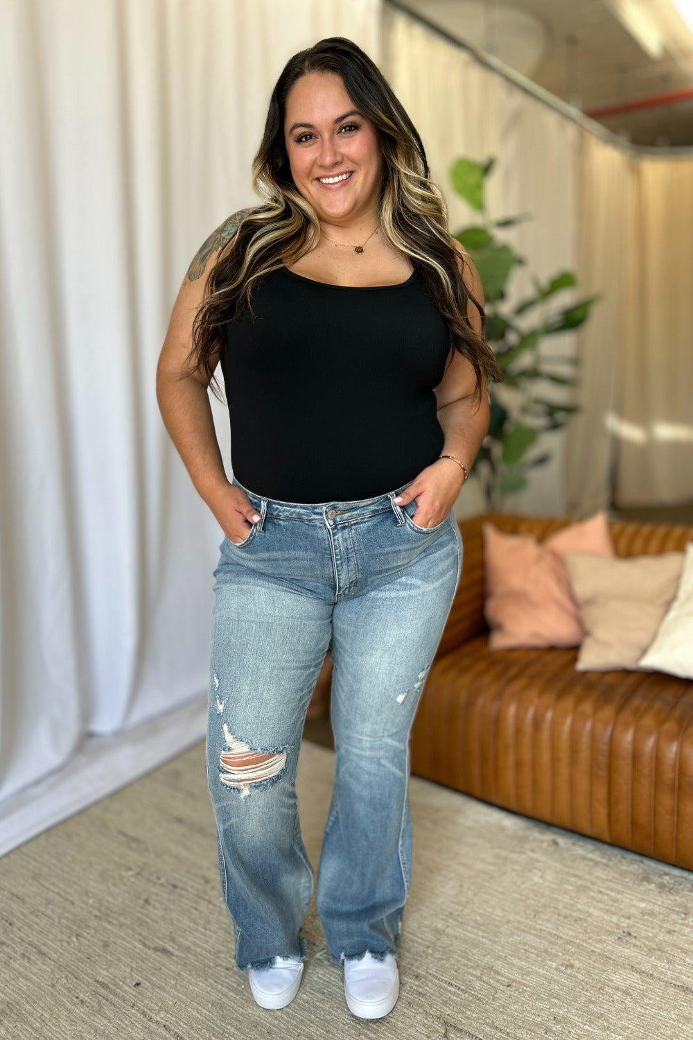 Judy Blue Full Size Medium Rise Tummy Control Destroy Flare Jeans *