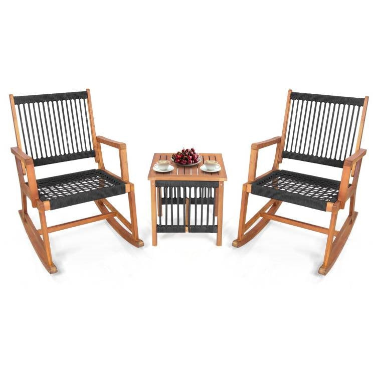 3 Piece Outdoor Wood Patio Furniture Rocking Chair Table Bistro Set *