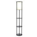 Modern Asian Style Round Shelf Floor Lamp in Black with White Shade *