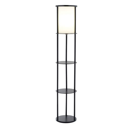 Modern Asian Style Round Shelf Floor Lamp in Black with White Shade *