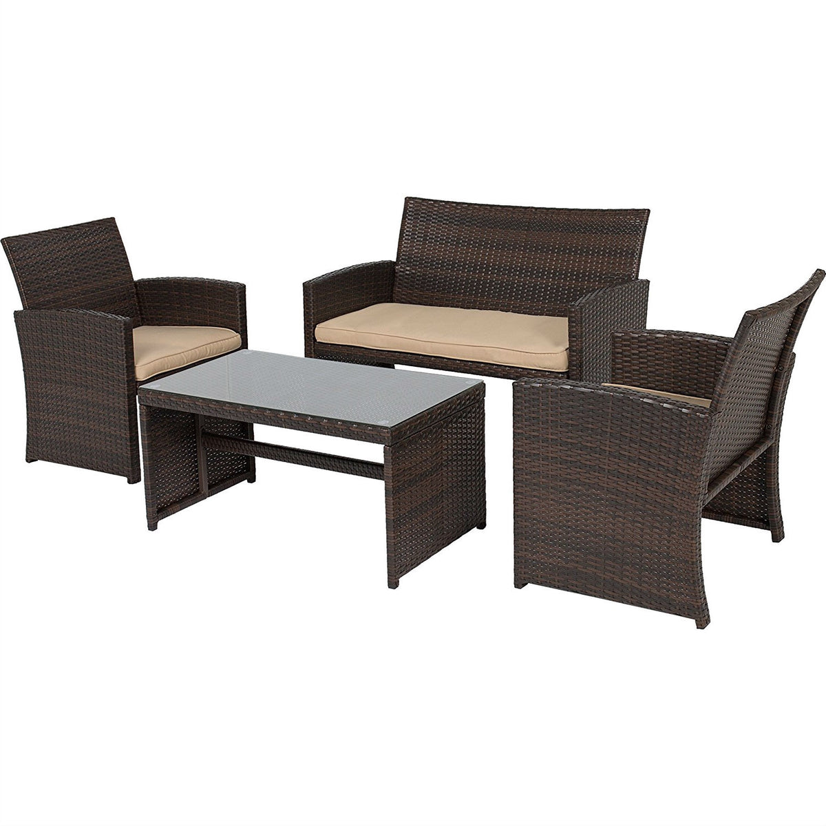 Brown Resin Wicker 4-Piece Modern Patio Furniture Set with Beige Cushions *