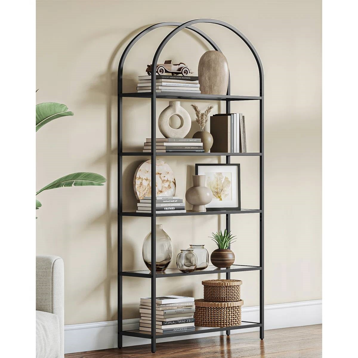 Modern Metal Arched Top Display Rack Bookcase with 5 Glass Storage Shelves