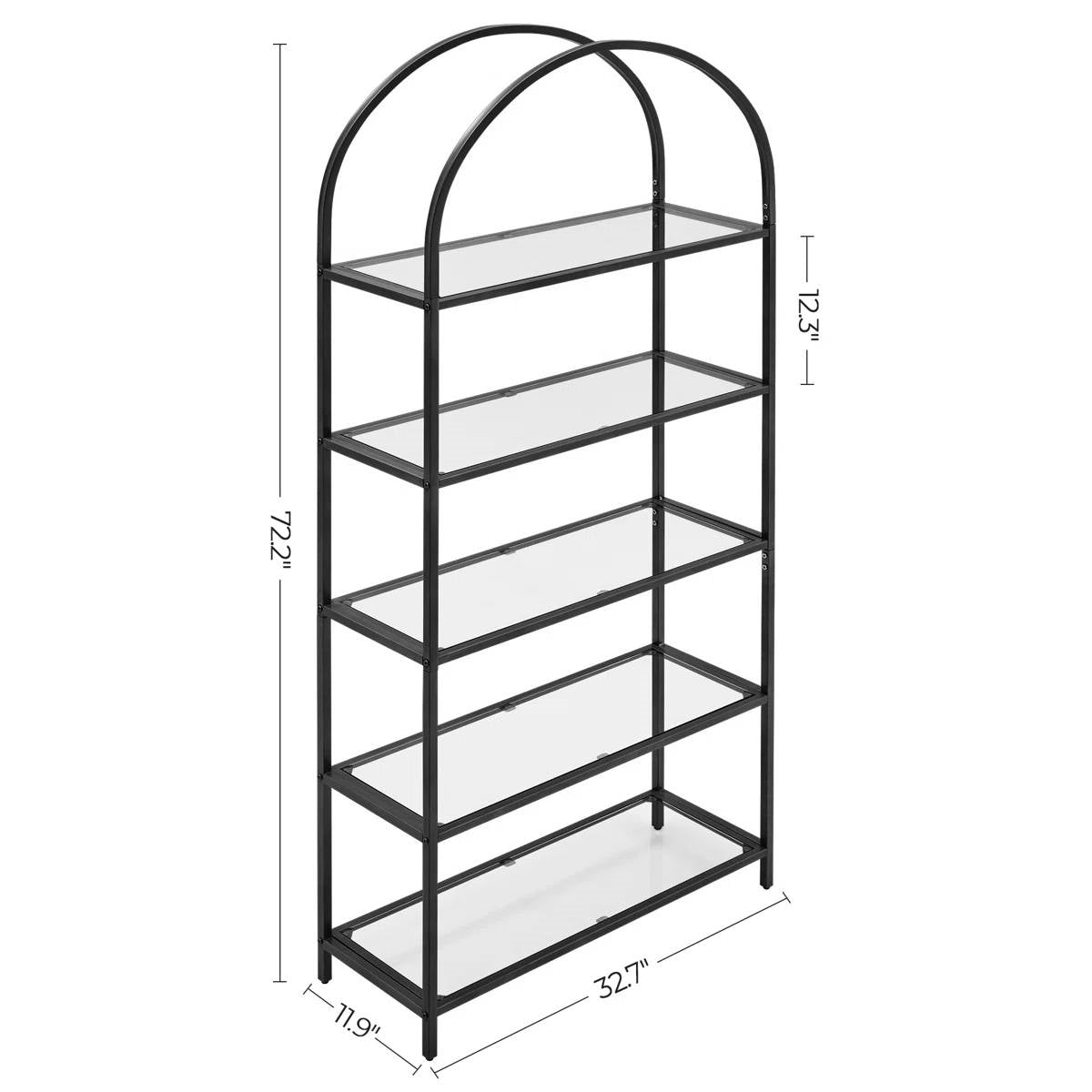 Modern Metal Arched Top Display Rack Bookcase with 5 Glass Storage Shelves
