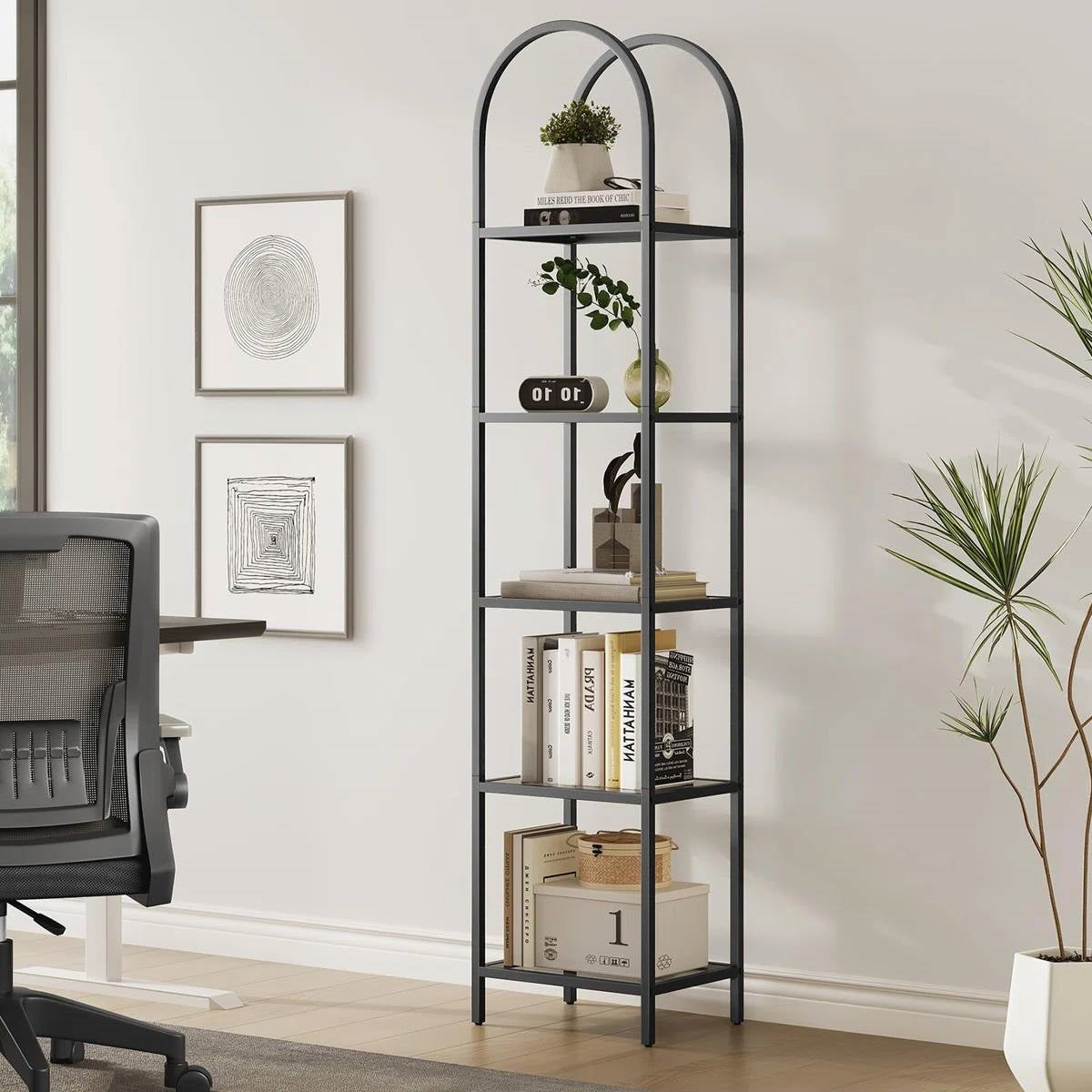 Arched Top Metal Display Rack Narrow Bookcase with 5 Glass Storage Shelves