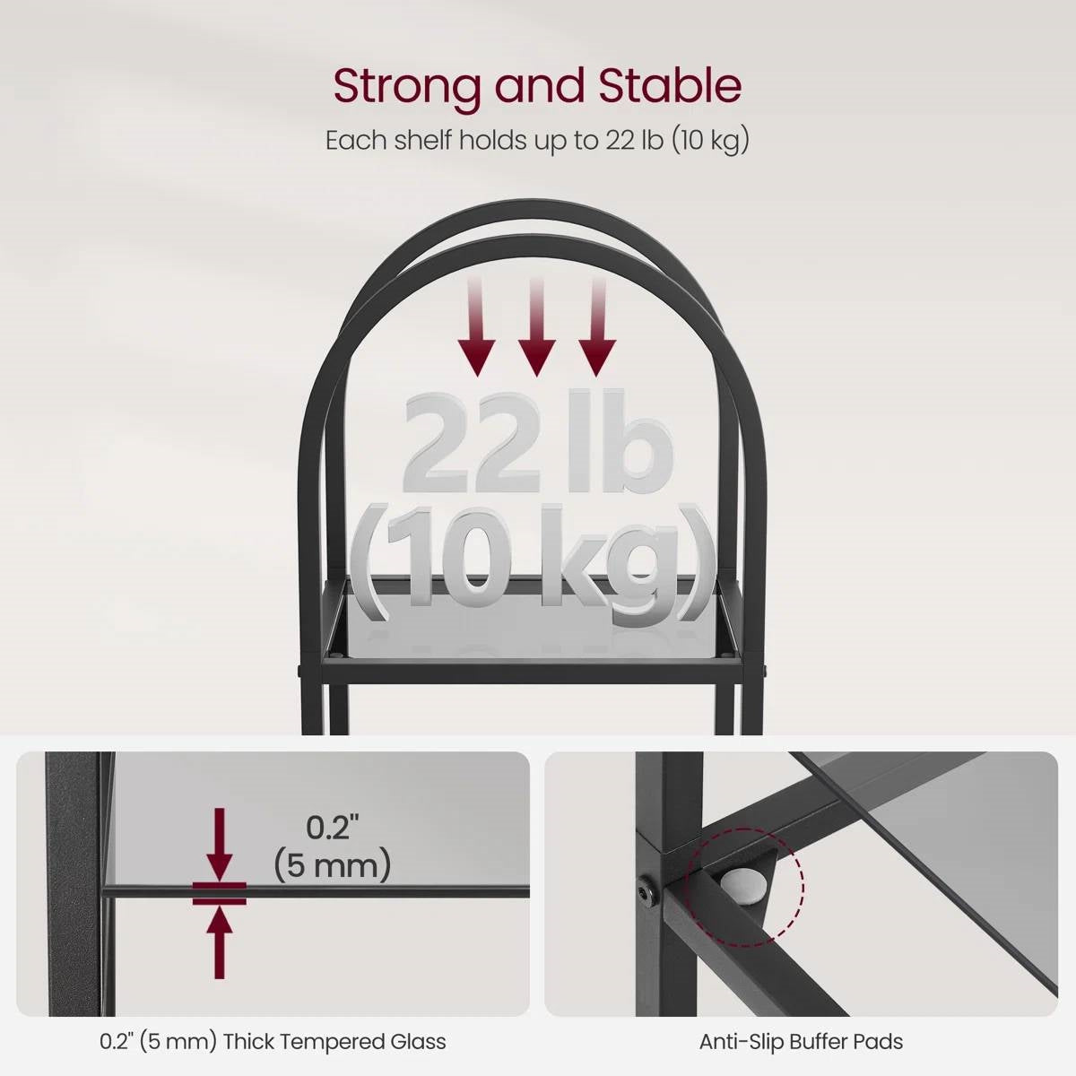 Arched Top Metal Display Rack Narrow Bookcase with 5 Glass Storage Shelves