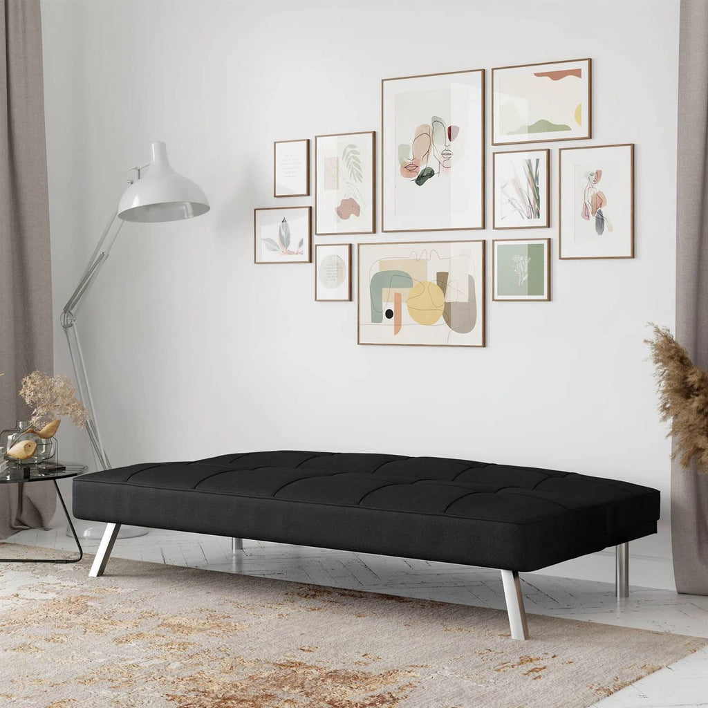 Modern Futon Sofa Bed in Black Fabric with Chrome Metal Legs