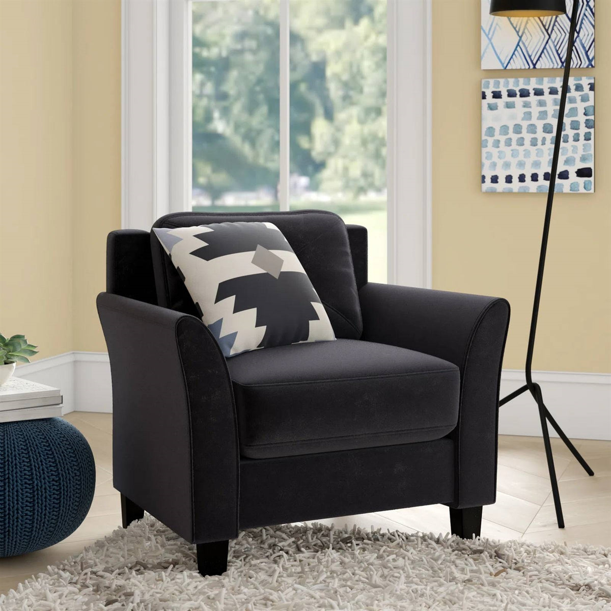 Black Microfiber Upholstered Armchair Flared Arm Chair with Tufted Back Cushion