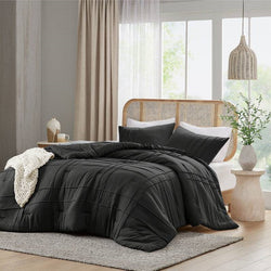 Pre-Washed Pleated Microfiber Comforter Set in Black