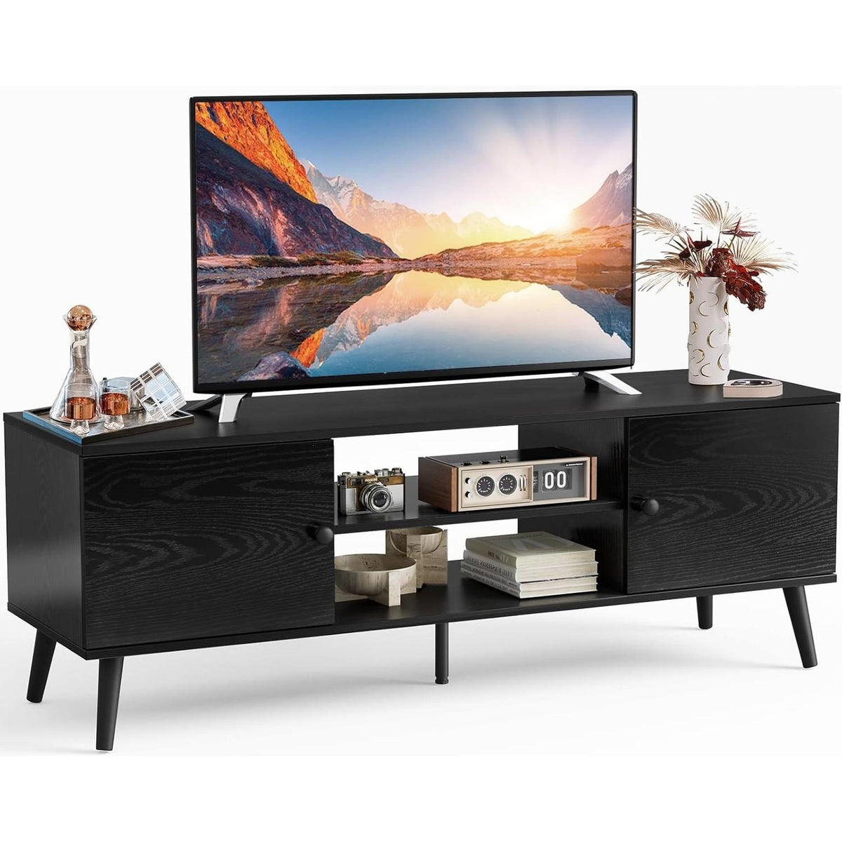 Mid-Century Modern TV Stand in Black Wood Finish for TV up to 60-inches