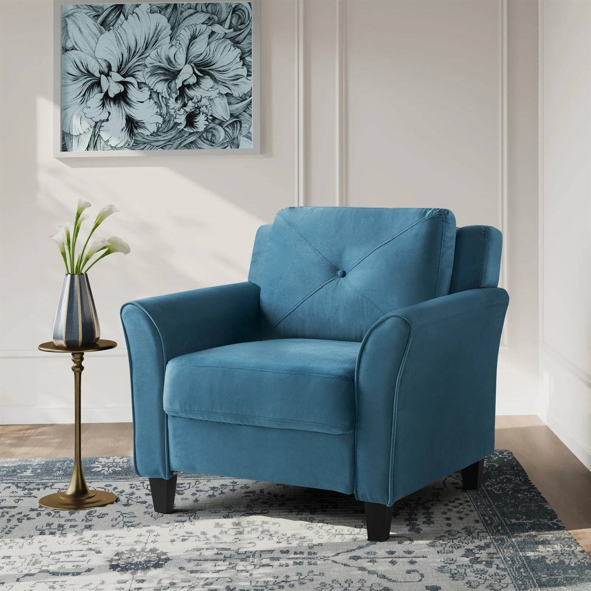 Blue Microfiber Upholstered Armchair Flared Arm Chair with Tufted Back Cushion