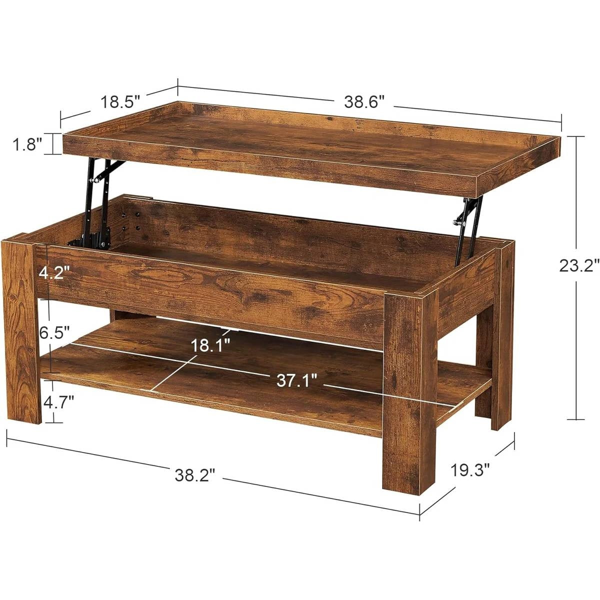 Modern Lift Top Coffee Table with Storage Shelf in Brown Wood Finish