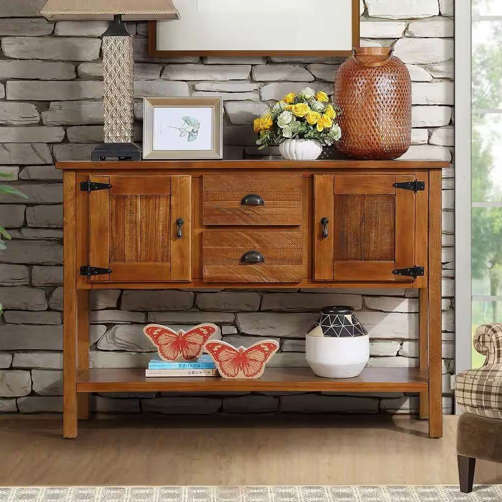 Farmhouse Solid Wood Sofa Table with Storage Drawers in Brown