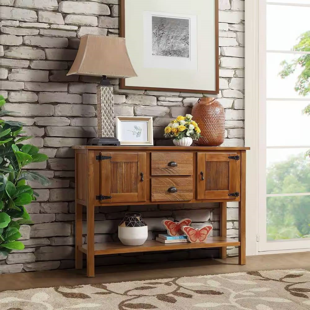 Farmhouse Solid Wood Sofa Table with Storage Drawers in Brown