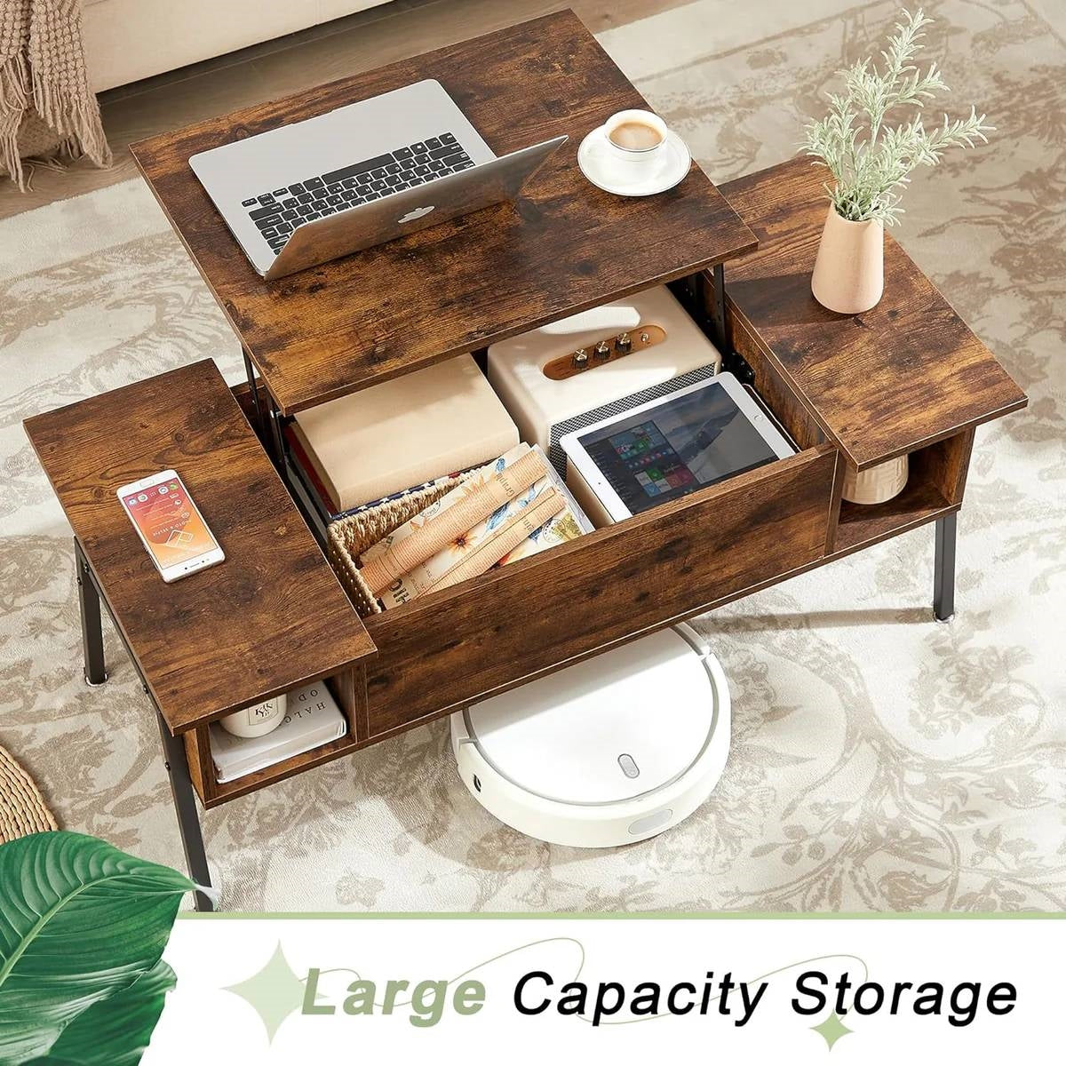 Modern Lift-Top Coffee Table Laptop Desk with Storage Shelf in Brown Wood Finish