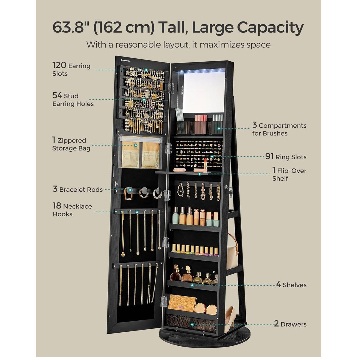 Jewelry Cabinet Armoire Organizer Freestanding Rotating Mirror