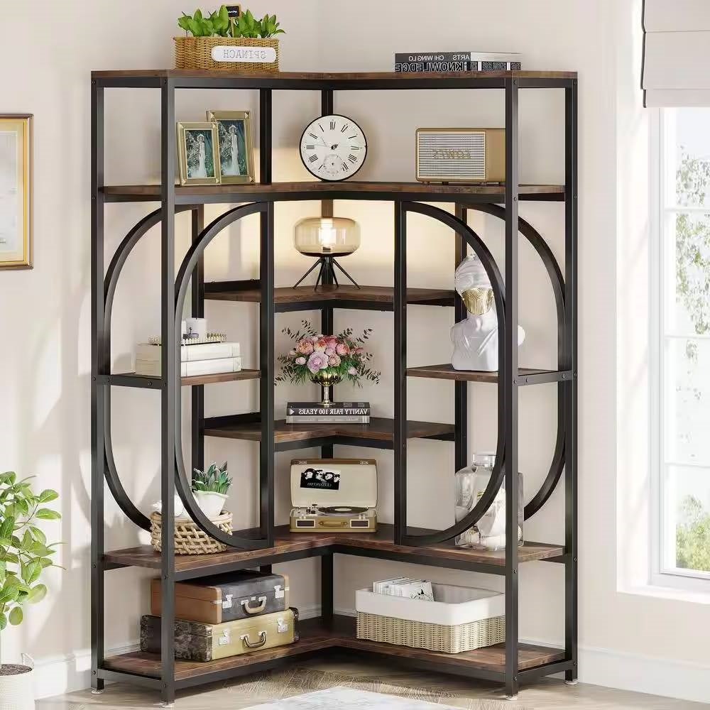 67-inch Tall Modern Industrial Metal Wood Corner Bookcase *