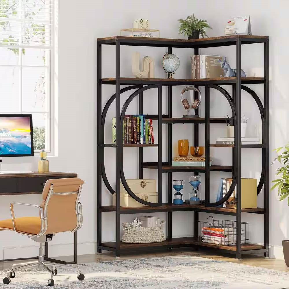 67-inch Tall Modern Industrial Metal Wood Corner Bookcase *