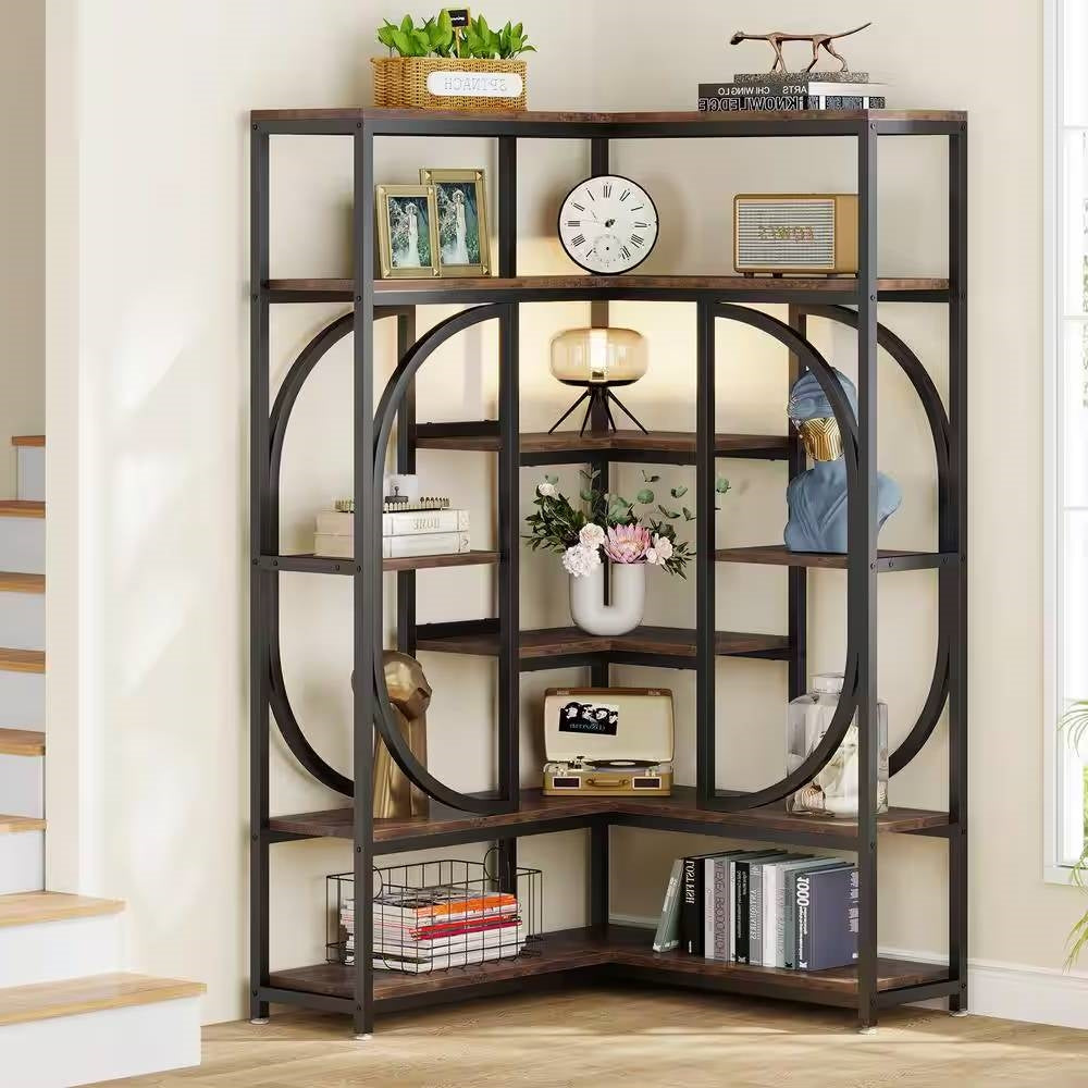 67-inch Tall Modern Industrial Metal Wood Corner Bookcase *