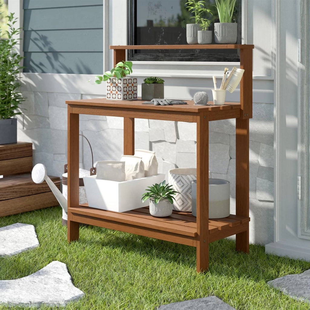 Solid Meranti Wood Outdoor Garden Potting Bench Table with Bottom Shelf *