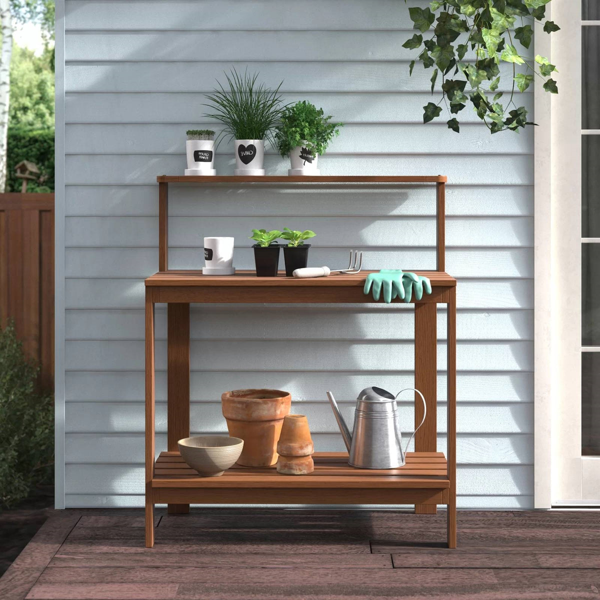 Solid Meranti Wood Outdoor Garden Potting Bench Table with Bottom Shelf *