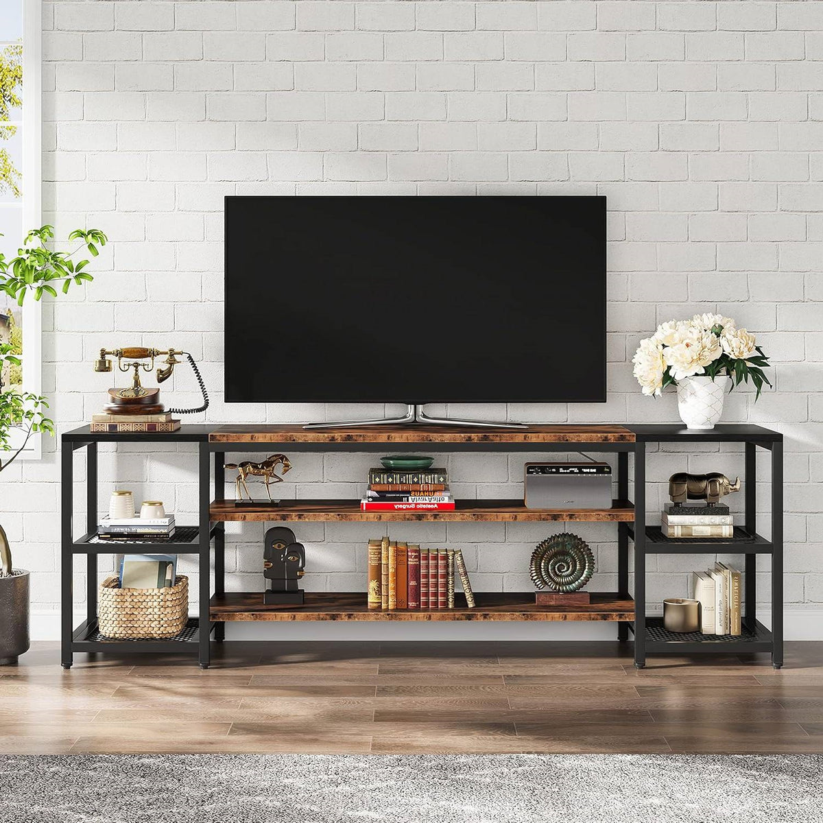 Modern Industrial Metal Wood TV Stand Entertainment Center for TV up to 85-inch