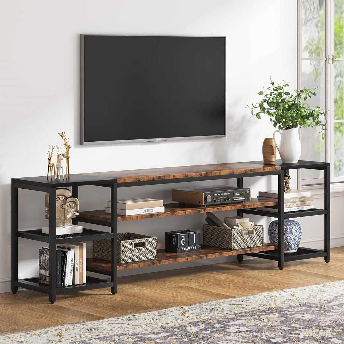 Modern Industrial Metal Wood TV Stand Entertainment Center for TV up to 85-inch