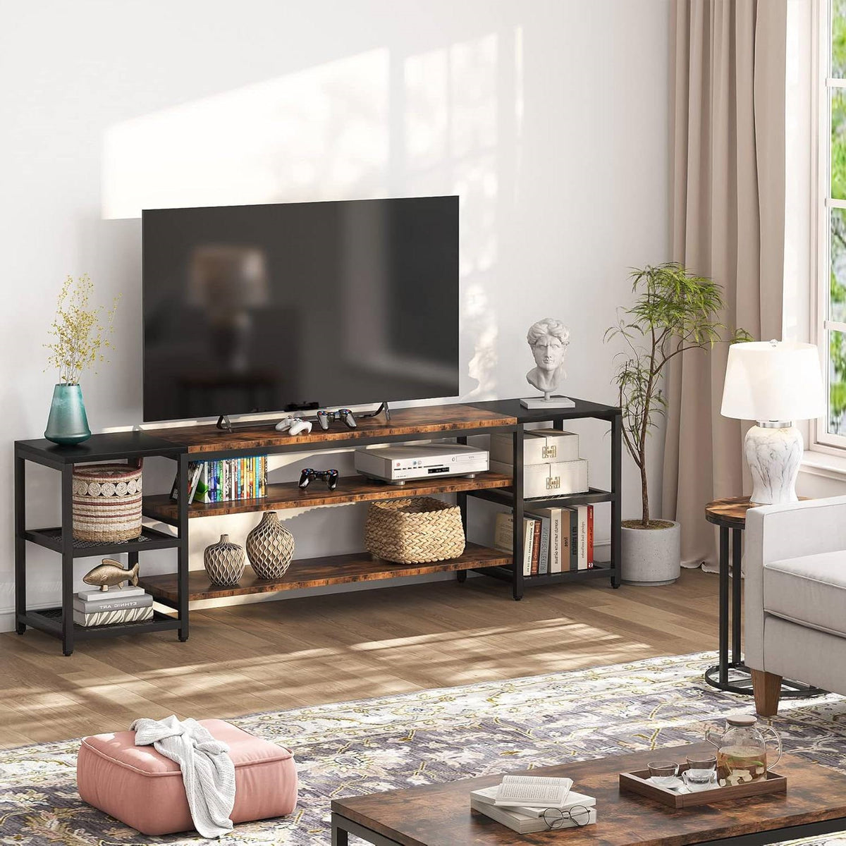 Modern Industrial Metal Wood TV Stand Entertainment Center for TV up to 85-inch