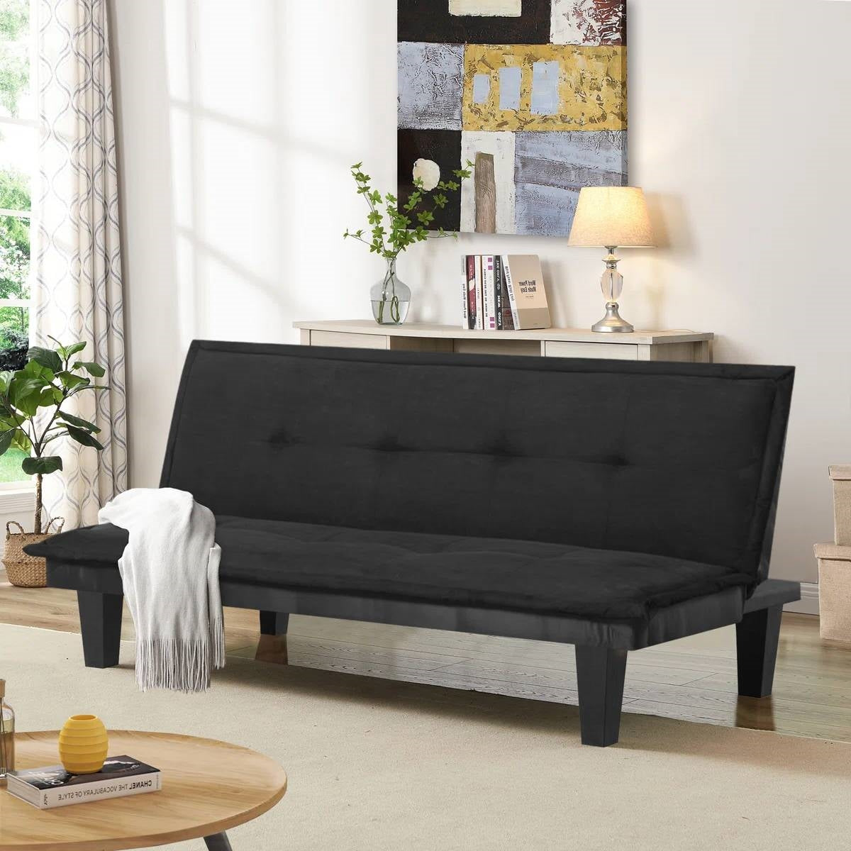 Black Faux Suede Upholstered Futon Sleeper Sofa Bed